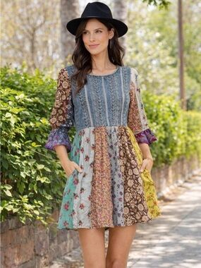 Young Threads Bohemian Style Babydoll Vintage Boho Patchwork Dress Size M NWT